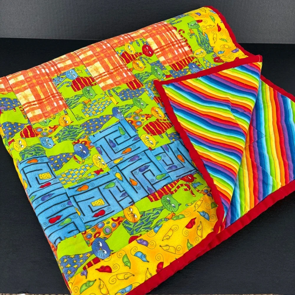 Handmade Quilt Cat Mouse Maze Rainbow Stripe Patchwork Kidcore 39x52 Whimsical